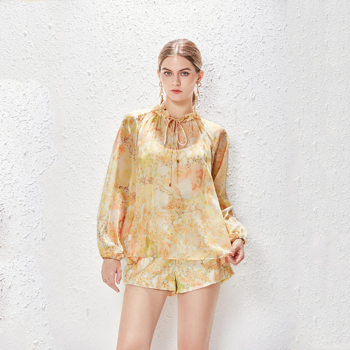 Spring Summer Printed Collar Lace Up Chiffon Elegant Shirt Wide Leg Shorts Sling Suit Women