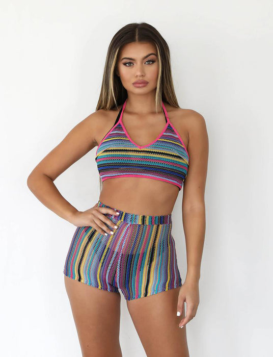 Printing Color Contrast Halter Casual Vest Shorts Set