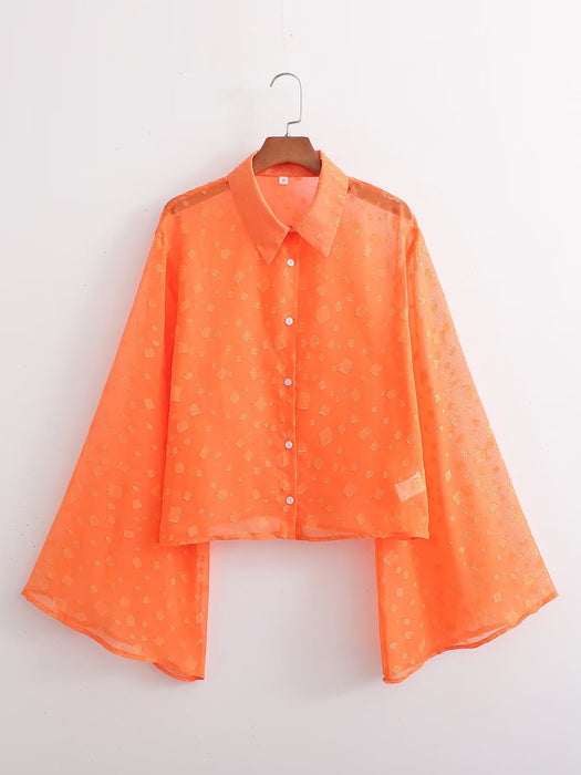 Autumn Women Orange Wide Floral Long Sleeve Casual Shirt