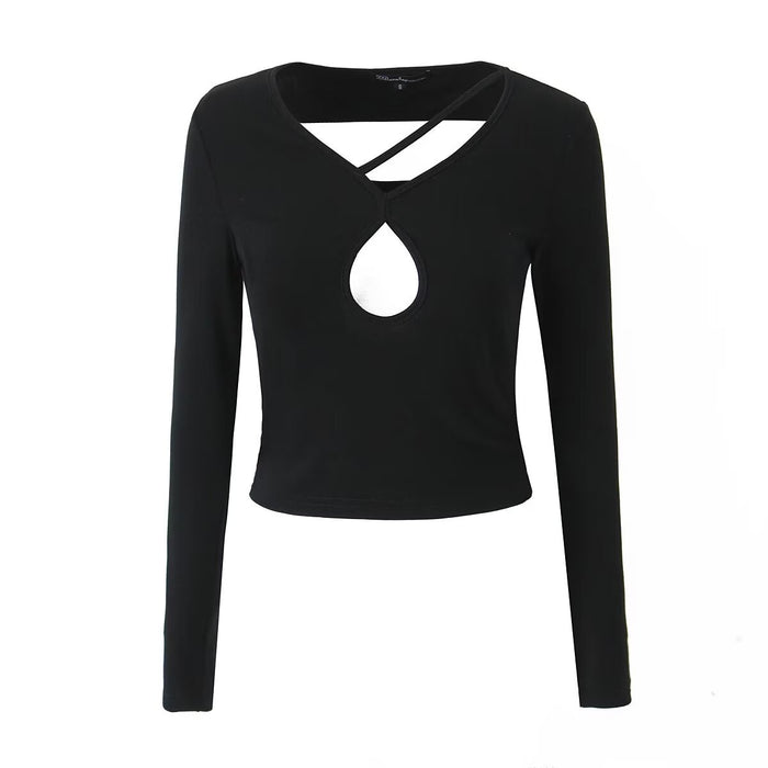 Spring Ice Silk Personalized Sexy Slim Short Slimming Knitted Top Long Sleeve T shirt