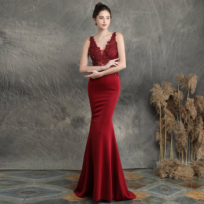 Handmade Applique Beaded Toast Clothing Bride Long Appreciation Dinner Slim-Fit Fishtail Wedding Evening Dress Formal Gown