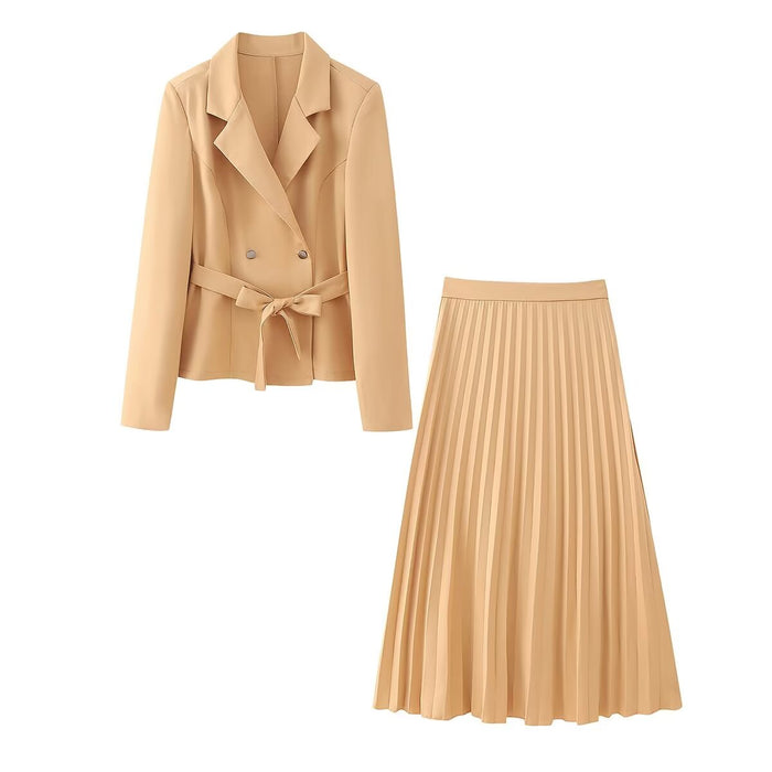 Winter Tailored Collar Double Breasted with Belt Blazer Pleated Skirt Set Women