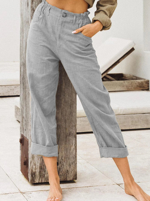 Women Clothing Summer Solid Color Cotton Linen Loose High Waist Casual Trousers