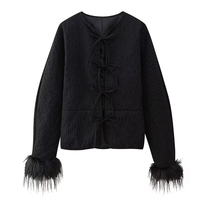 Women Clothing Chinese Long Sleeve Furry Cuff Stitching Tied Casual Coat Women Top