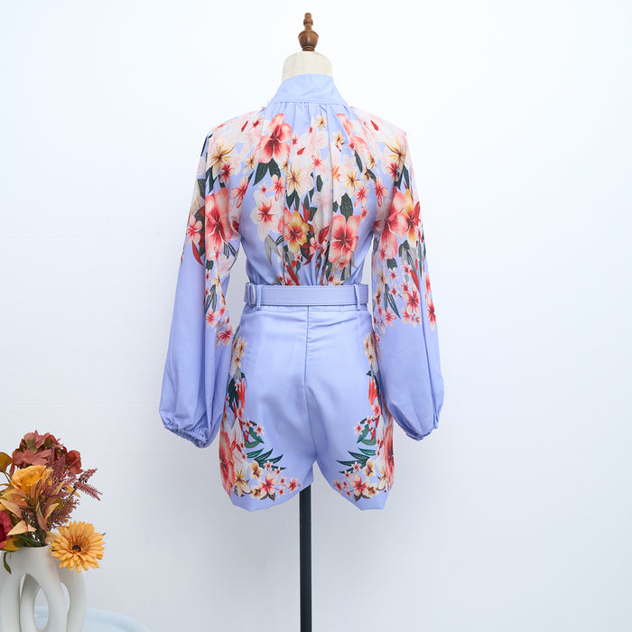 Blue Positioning Printed Collar Single Breasted Shirt Wide Leg Shorts Belt