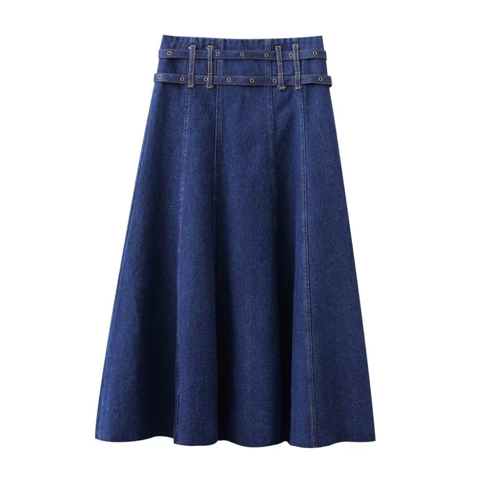 Double Belt Raw Edge Denim Skirt Women Spring High Waist Retro Slimming Large Hem A Line Midi Skirt