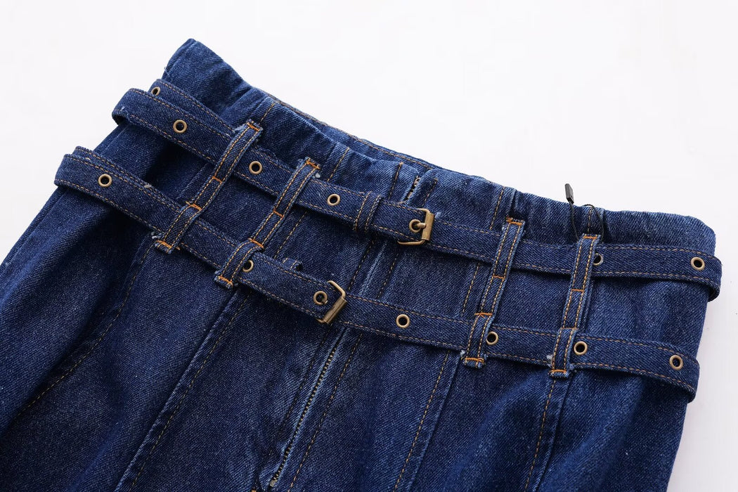 Double Belt Raw Edge Denim Skirt Women Spring High Waist Retro Slimming Large Hem A Line Midi Skirt