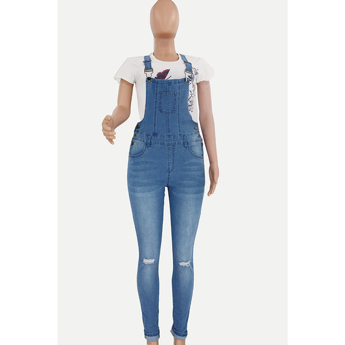 Women Ripped Washed Jeans Suspender Pants