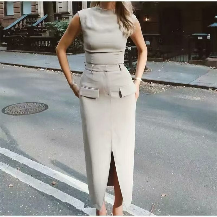 Spring Solid Color Pullover Sleeveless Slim Top Pocket Split Skirt Set Women