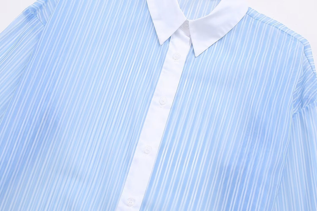 Refreshing French Classic Blue White Striped Contrast Color Loose Long Sleeve Shirt Autumn