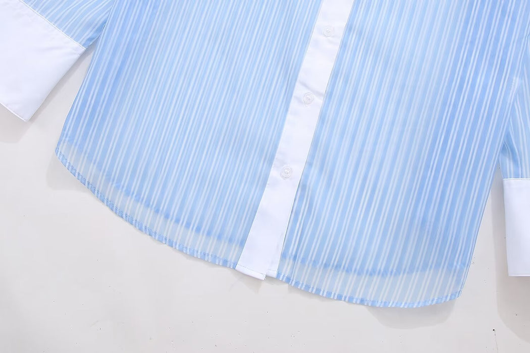 Refreshing French Classic Blue White Striped Contrast Color Loose Long Sleeve Shirt Autumn