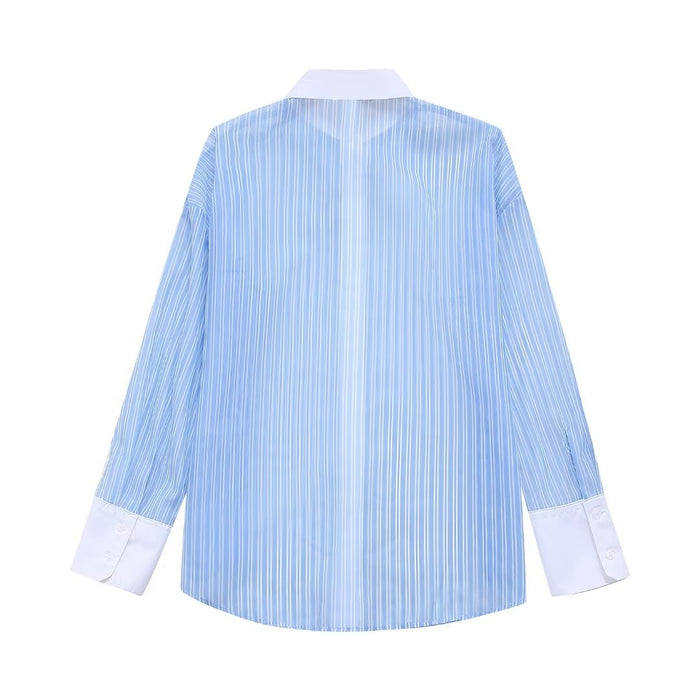 Refreshing French Classic Blue White Striped Contrast Color Loose Long Sleeve Shirt Autumn