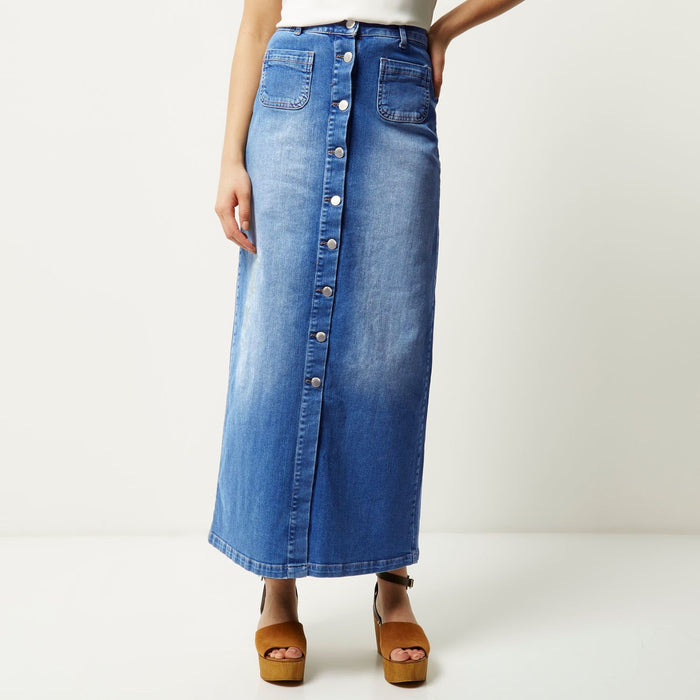 Women Clothing High Waist Washed Long Denim Skirt Mid Length Front Slit Large Sizes Availiable Hip Skirt