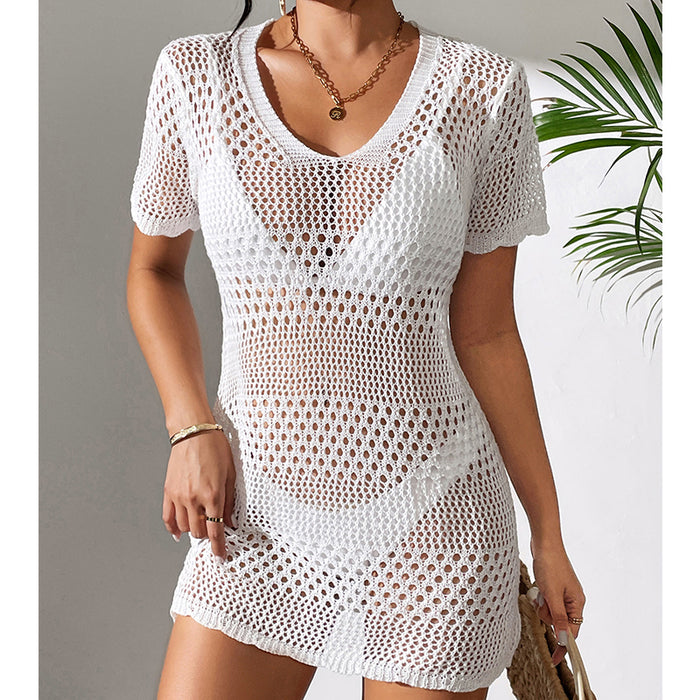 Women Clothes Sexy Cutout Short Sleeve Casual Bikini Cover Up Swimsuit Blouse Beach Sun Protection Shirt