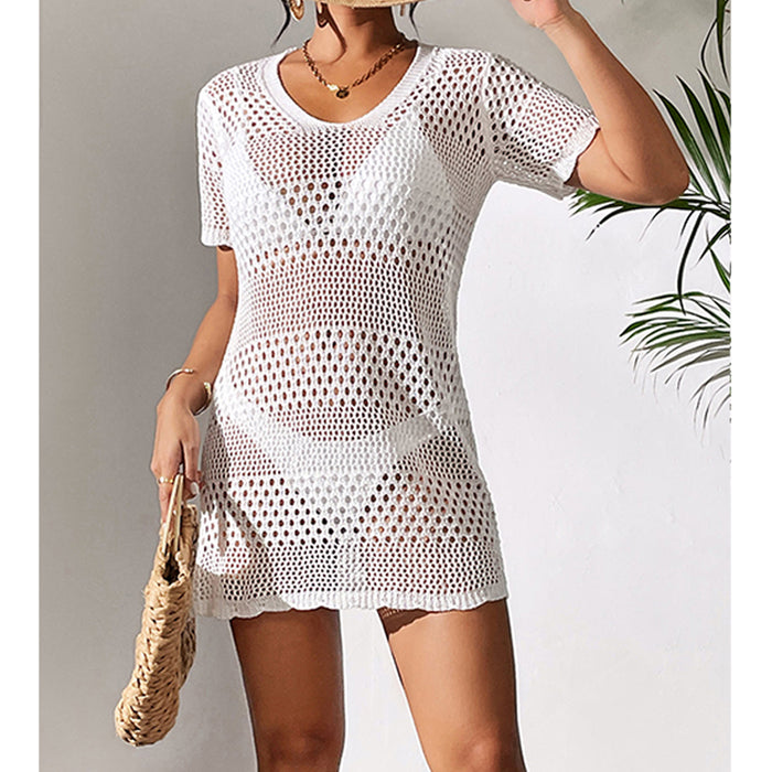 Women Clothes Sexy Cutout Short Sleeve Casual Bikini Cover Up Swimsuit Blouse Beach Sun Protection Shirt