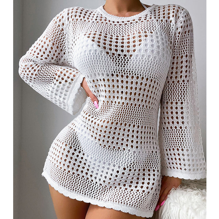 Vacation Casual Hollow Out Cutout Out Long Sleeve Pullover Solid Color Sun Protection Shirt Mid Length Beach Cover Up