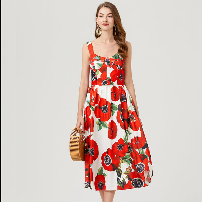 Women Summer Sleeveless Floral A Line Elegant Dress