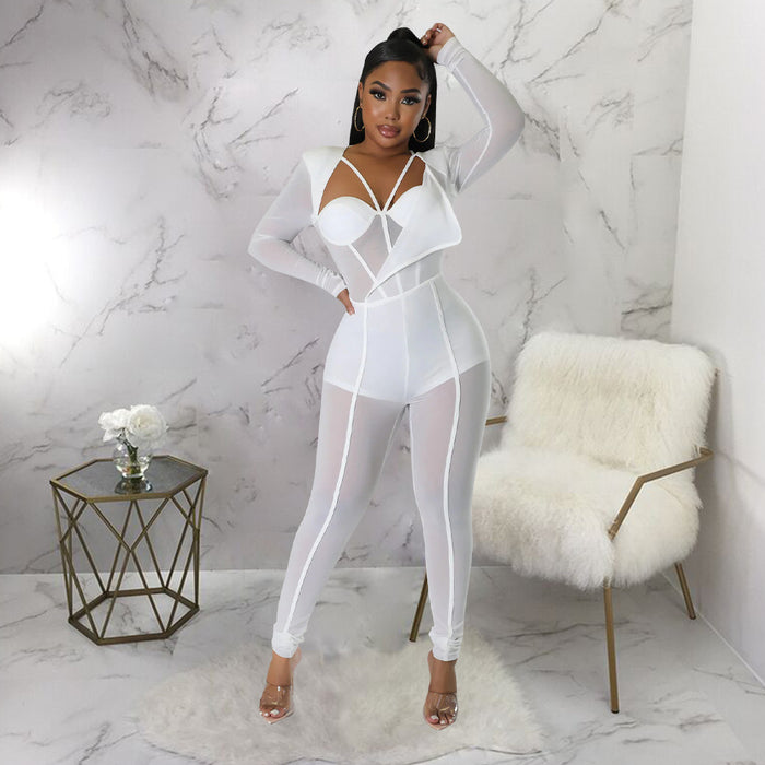 Solid Color Sexy See through Nightclub Pants V neck Tight Jumpsuit Women