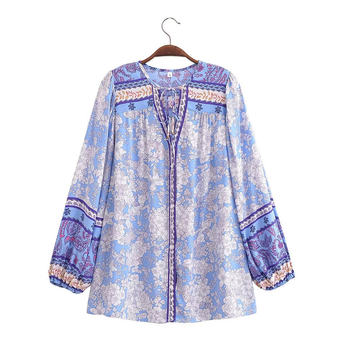 Spring Crew Neck Tie Shoulder Floral Loose Shirt Top Women