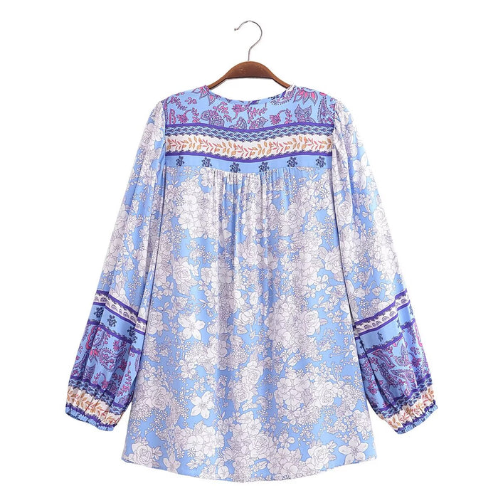 Spring Crew Neck Tie Shoulder Floral Loose Shirt Top Women