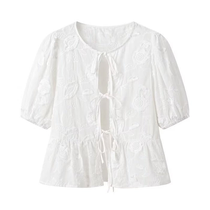 Summer Sweet Spicy White Lace Shirt Design Lace Bow Niche French Long Sleeve Thin