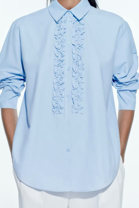 Women Clothing Spring Sky Blue Poplin Shirt Laminated Shirt Women