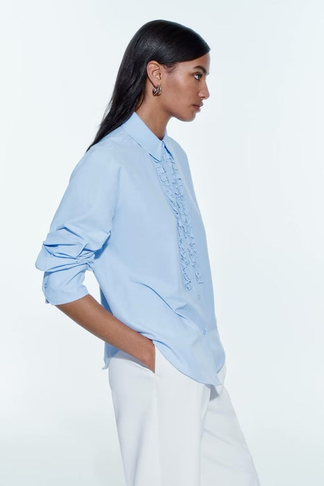 Women Clothing Spring Sky Blue Poplin Shirt Laminated Shirt Women