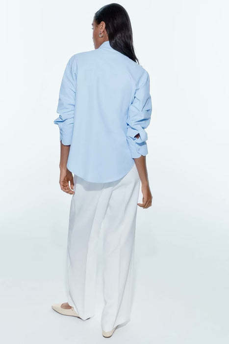 Women Clothing Spring Sky Blue Poplin Shirt Laminated Shirt Women