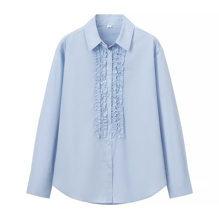 Women Clothing Spring Sky Blue Poplin Shirt Laminated Shirt Women