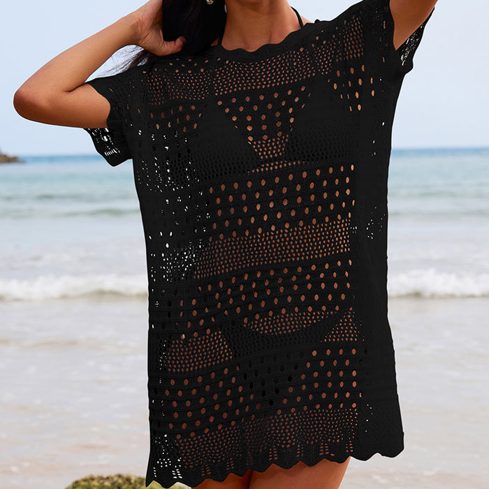 Sexy Hollow Out Cutout Texture Lace Collar Loose Pullover Mid Length Vacation Sun Protection Beach Blouse