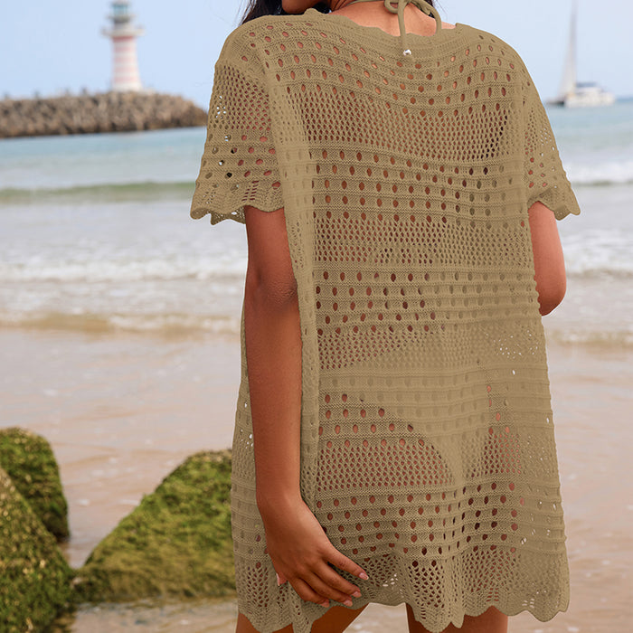 Sexy Hollow Out Cutout Texture Lace Collar Loose Pullover Mid Length Vacation Sun Protection Beach Blouse