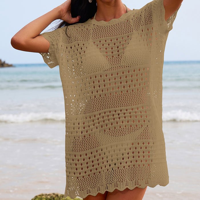 Sexy Hollow Out Cutout Texture Lace Collar Loose Pullover Mid Length Vacation Sun Protection Beach Blouse