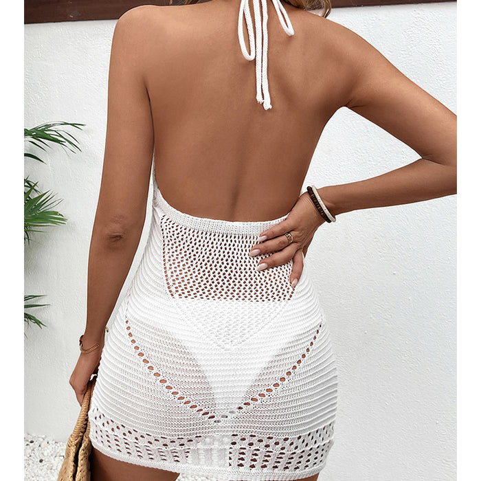 Halter Lace Up Hollow Out Cutout Out Texture Sexy Big Backless Deep U Neck Beach Dress