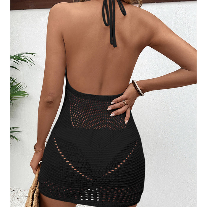 Halter Lace Up Hollow Out Cutout Out Texture Sexy Big Backless Deep U Neck Beach Dress