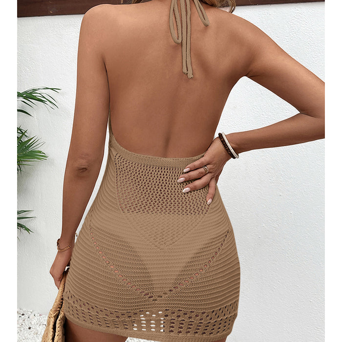 Halter Lace Up Hollow Out Cutout Out Texture Sexy Big Backless Deep U Neck Beach Dress