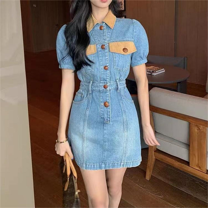 Contrast Color Stitching Waist Denim Dress Spring Summer Elegant Slimming Short Sleeve High Waist A Line Dress