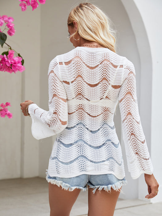 Summer Beach Cover-up round Neck Long Sleeve Blouse Woven Thin Striped Sun Protection Shirt