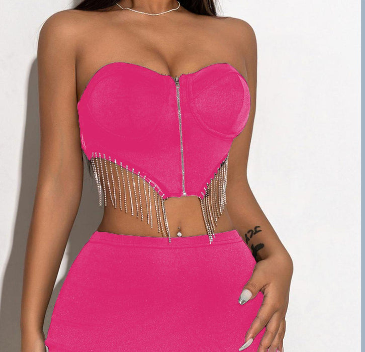 Sexy Tassel Chain Wrapped Chest Sexy Suit Tube Top Sexy Skirt Solid Color