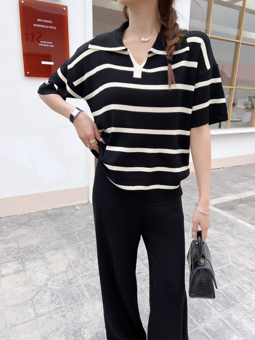 Fashion Suit Loose Striped Lapel Knitted Top Casual High Waist Knitted Suit