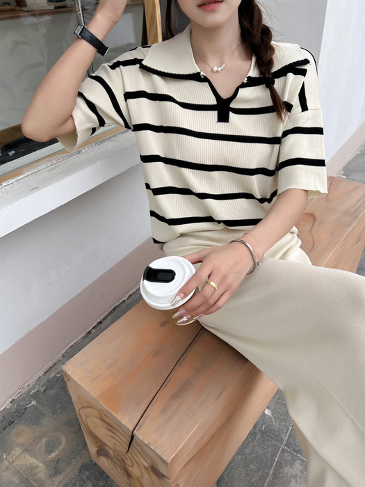 Fashion Suit Loose Striped Lapel Knitted Top Casual High Waist Knitted Suit