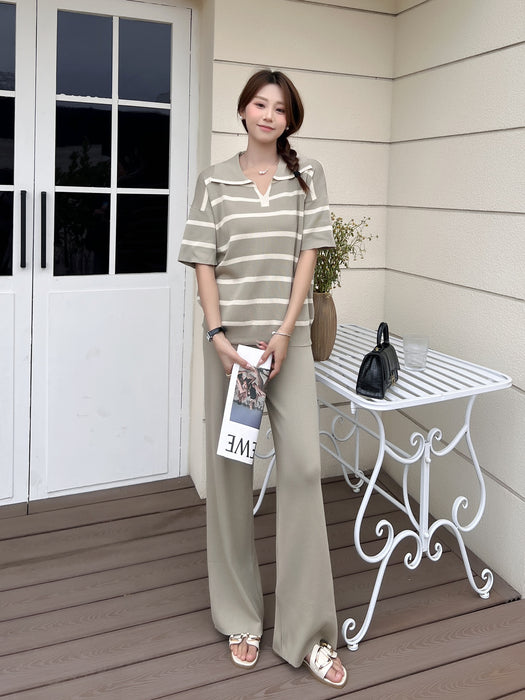 Fashion Suit Loose Striped Lapel Knitted Top Casual High Waist Knitted Suit