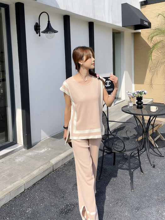 Stitching Loose Shawl Sleeve Sweater Top High Waist Slimming Wide Leg Pants Two Piece Set