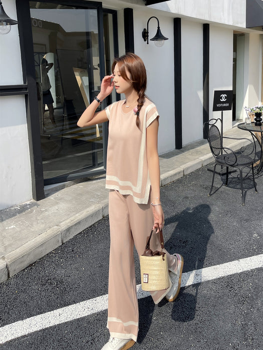 Stitching Loose Shawl Sleeve Sweater Top High Waist Slimming Wide Leg Pants Two Piece Set