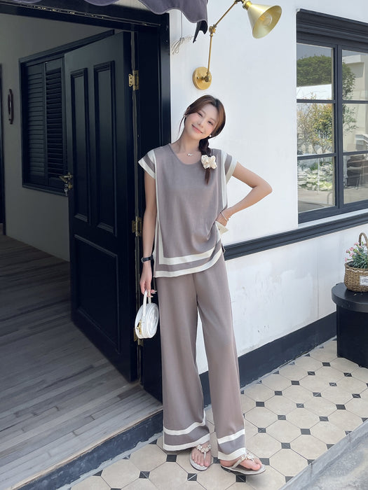 Stitching Loose Shawl Sleeve Sweater Top High Waist Slimming Wide Leg Pants Two Piece Set