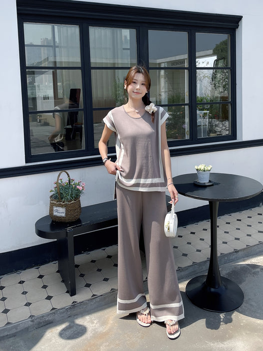 Stitching Loose Shawl Sleeve Sweater Top High Waist Slimming Wide Leg Pants Two Piece Set