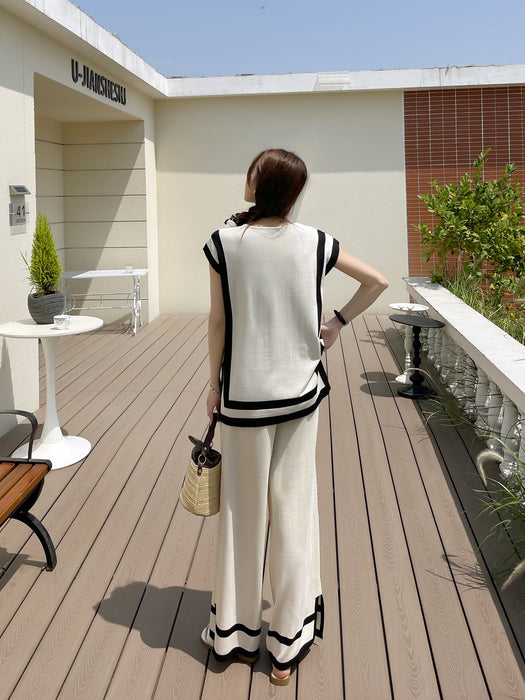 Stitching Loose Shawl Sleeve Sweater Top High Waist Slimming Wide Leg Pants Two Piece Set