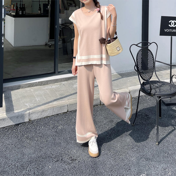 Stitching Loose Shawl Sleeve Sweater Top High Waist Slimming Wide Leg Pants Two Piece Set