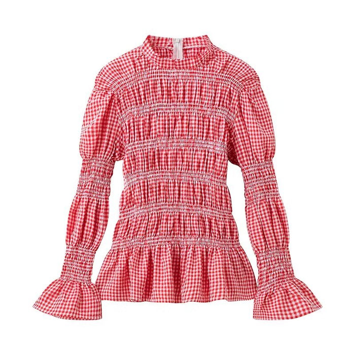 Spring Women Clothing Ruffles Pleated Design Plaid Top