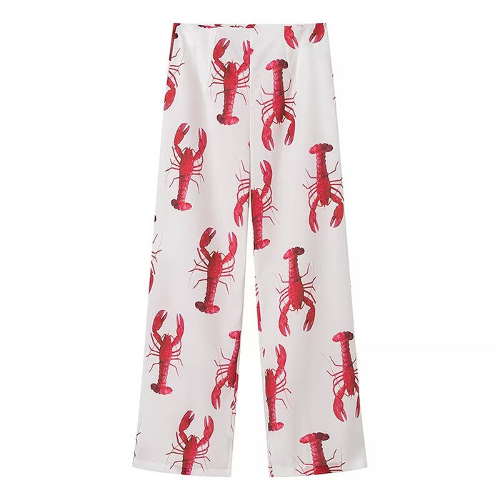 Spring Women Lobster Print Shirt Casual Straight Pant Sets