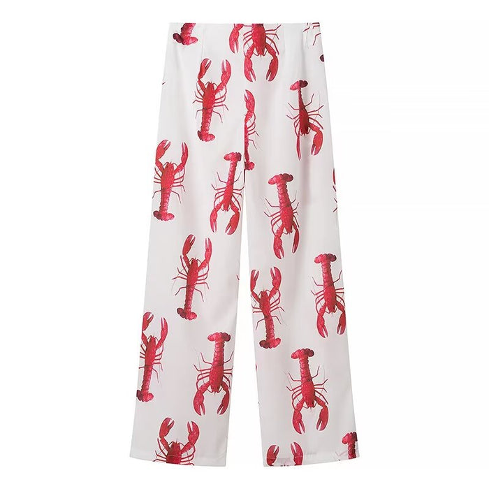 Spring Women Lobster Print Shirt Casual Straight Pant Sets